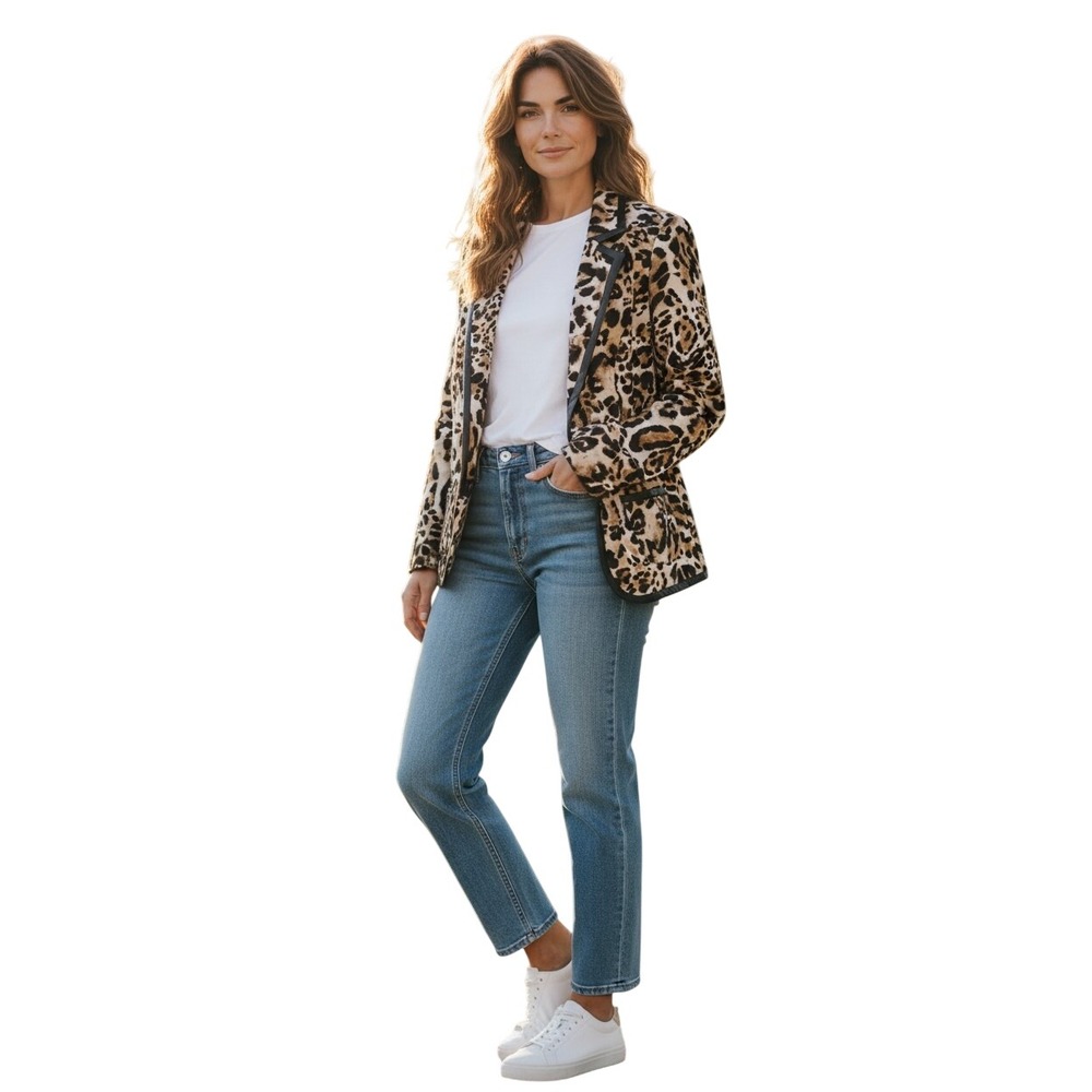 Chico's Animal Print Knit Blazer Faux Leather Trim Neutral Chic Preppy Sz 0/S